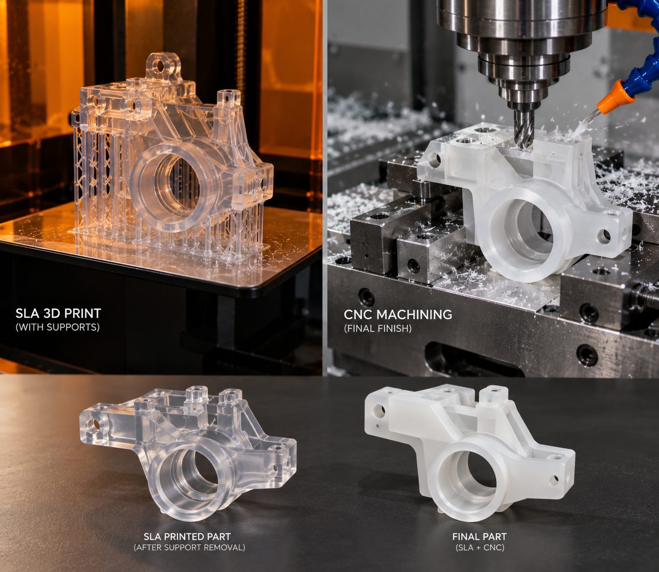 Four stages of a hybrid part: a resin housing printed with supports, the same part being CNC milled, the printed part after support removal, and the finished SLA plus CNC part